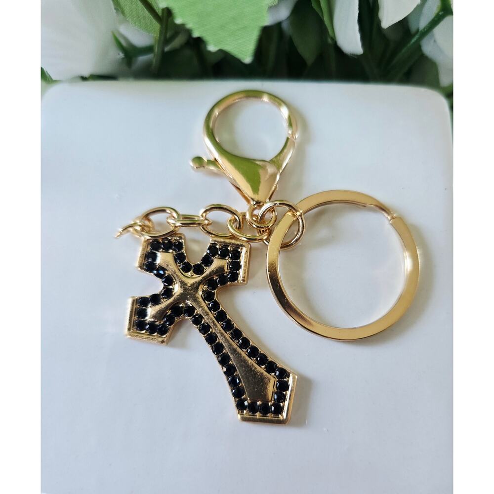 Gold Black Rhinestone Cross Bag Charm Key Chain New